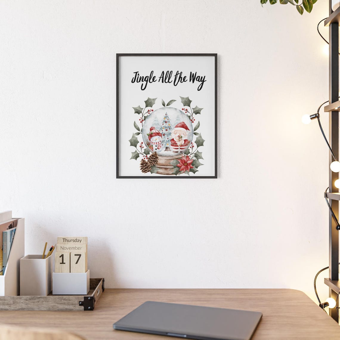Jingle All The Way Snow Globe With Santa And Snowman Watercolor Poster - Image 2