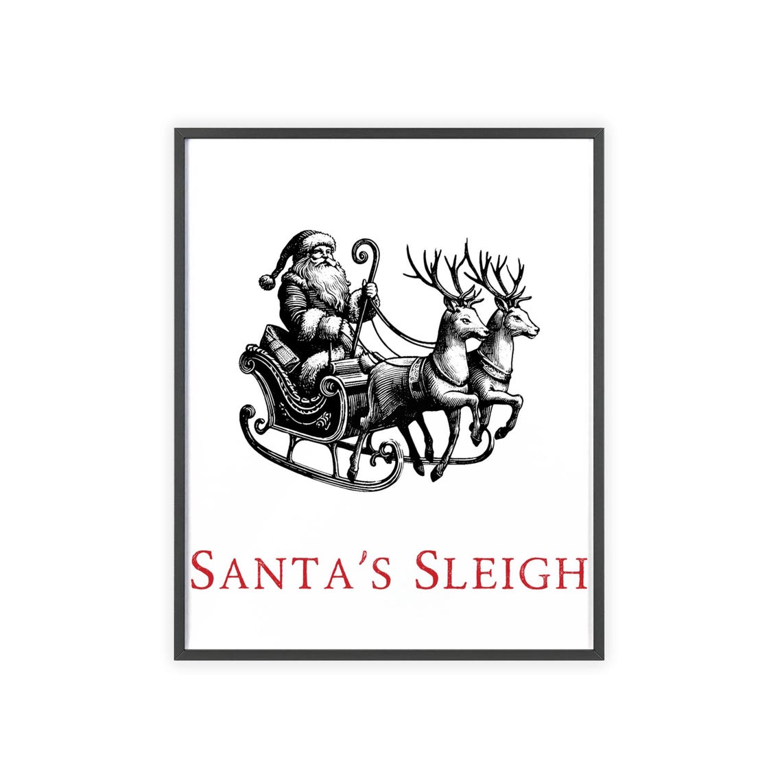 Vintage Engraving Santa's Sleigh With Two Reindeer Christmas Poster