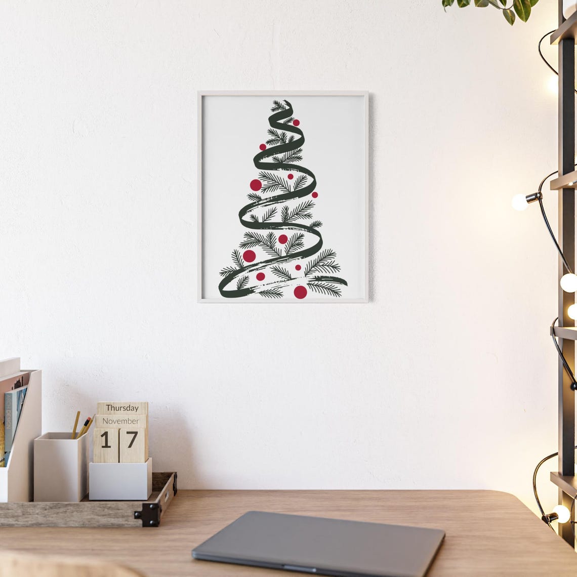 Minimalist Ribbon Spiral Pine Tree Red Ornaments Modern Poster - Image 2