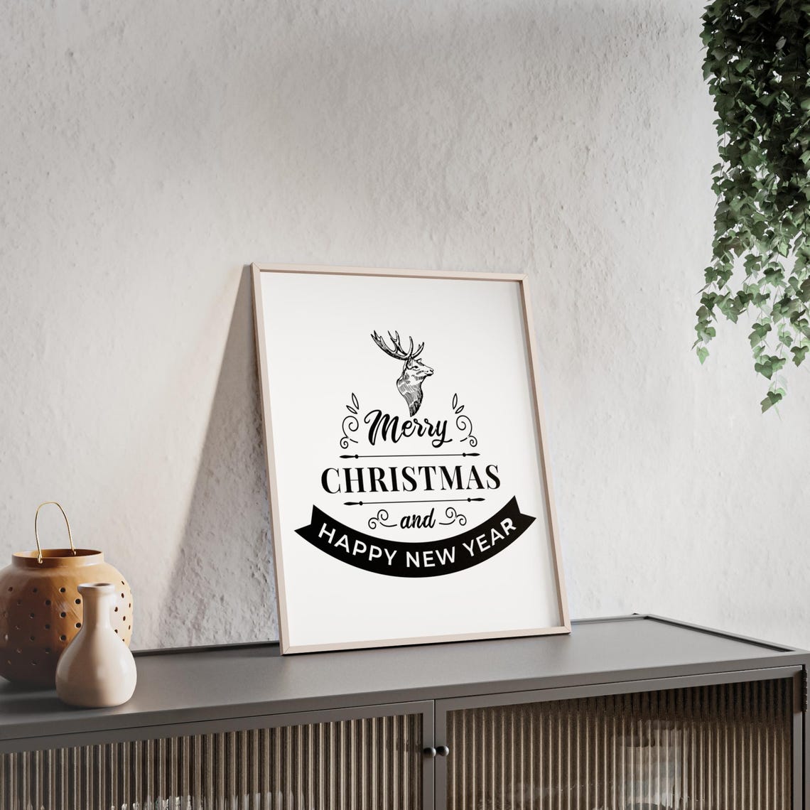 Merry Christmas Stag Silhouette Banner Elegant Black White Poster