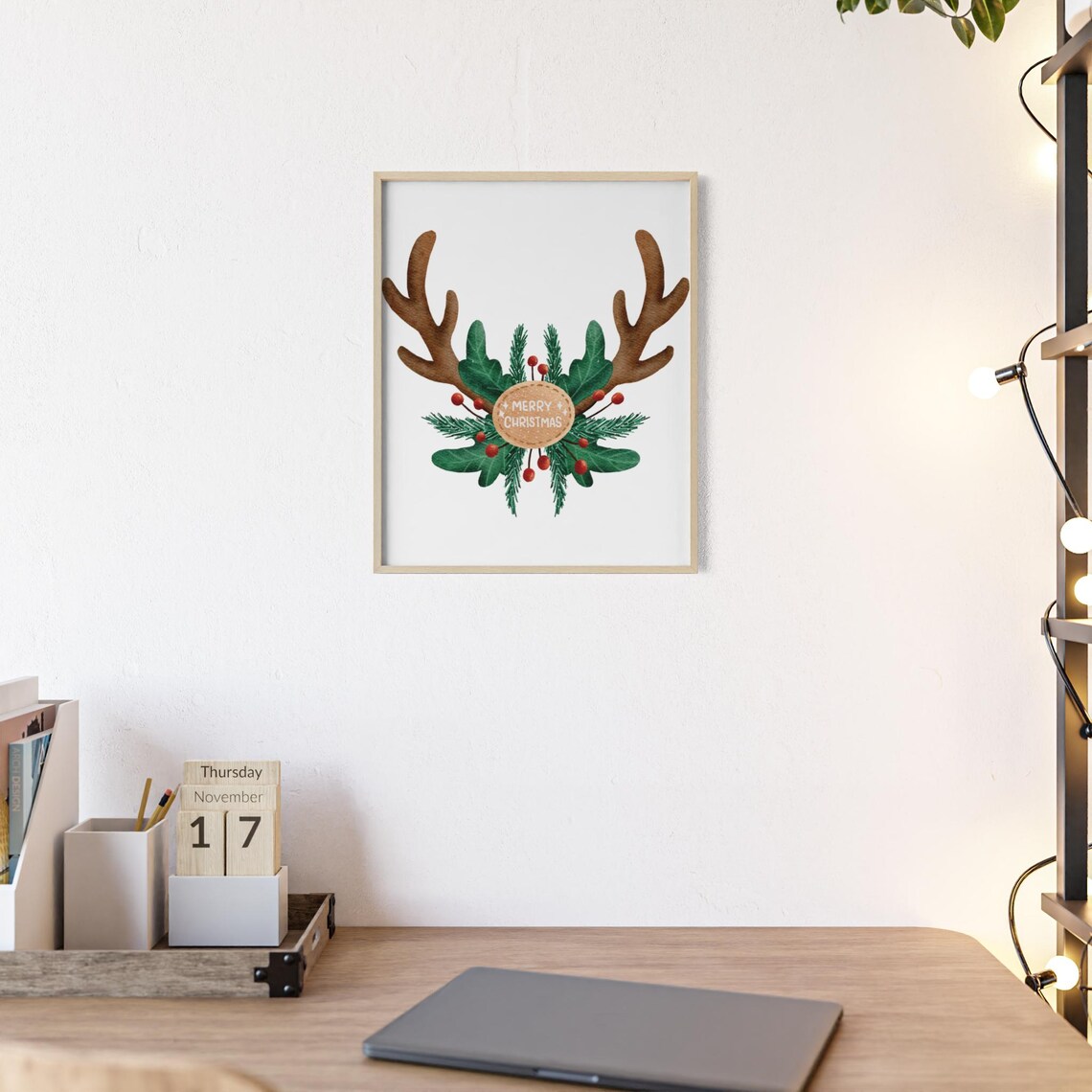 Merry Christmas Watercolor Reindeer Antlers Holly Berry Wreath Poster - Image 2