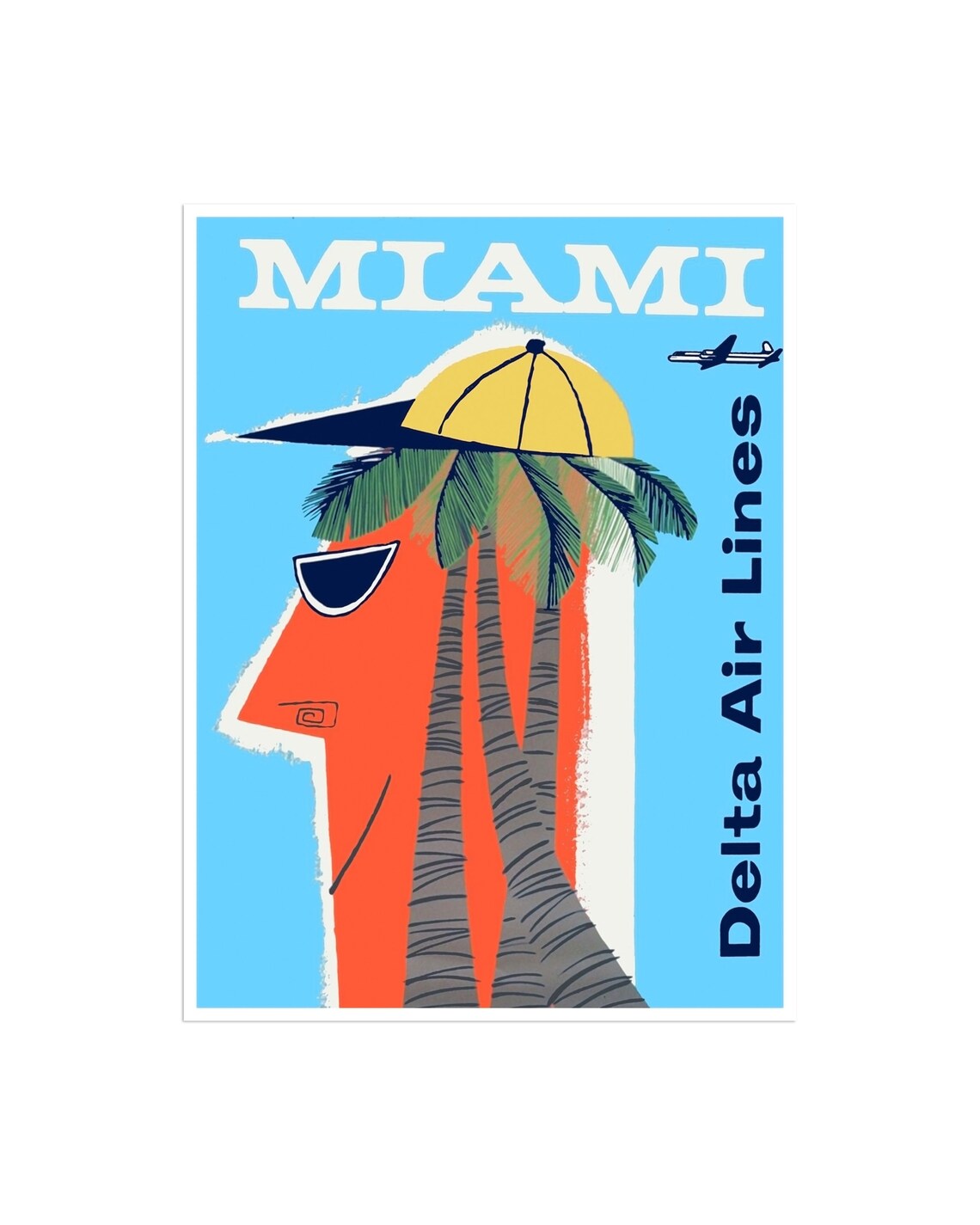 Miami Delta Air Lines Palm Tree Face Mid Century Travel Poster