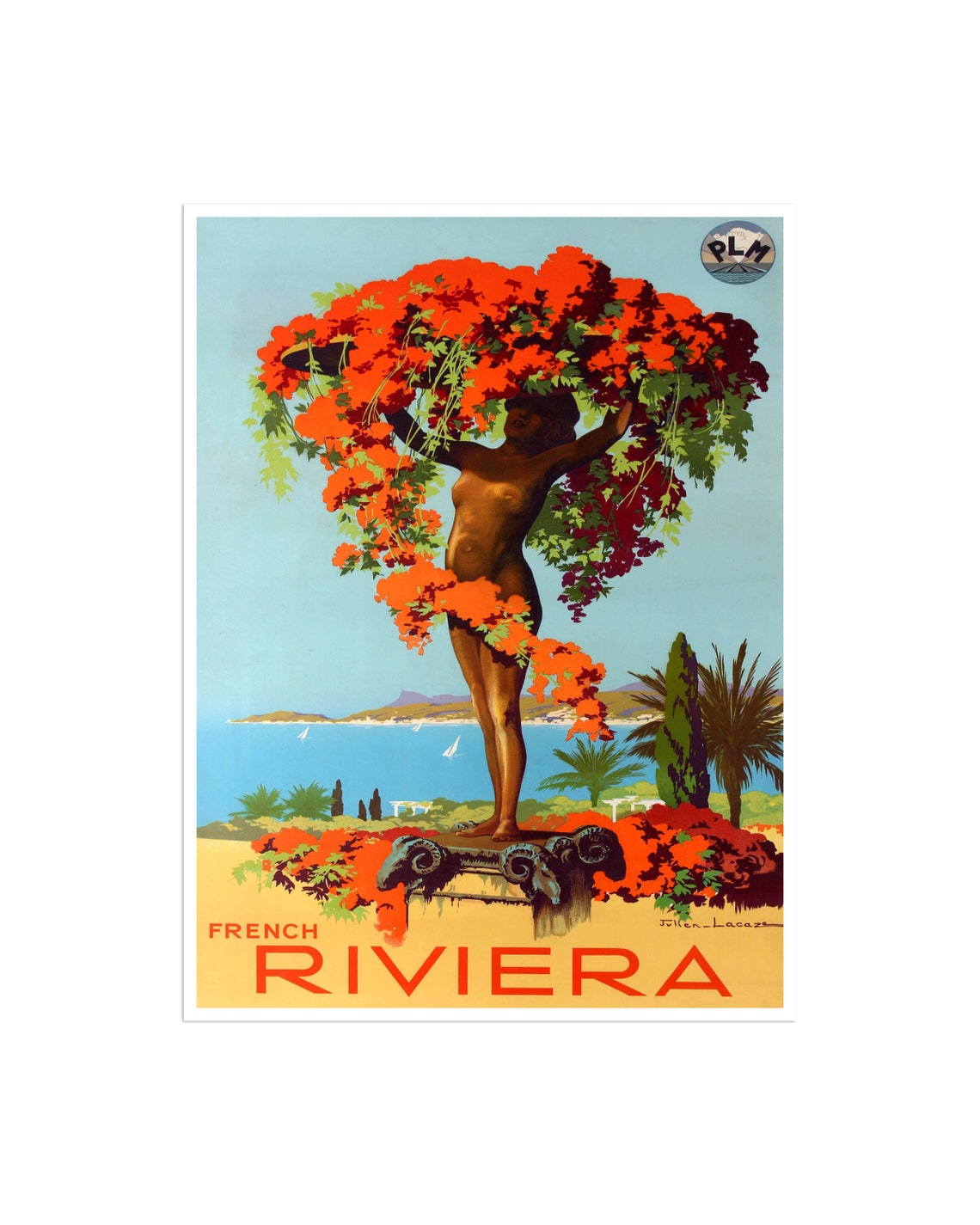 French Riviera Vintage PLM Travel Poster with Flower Woman Statue