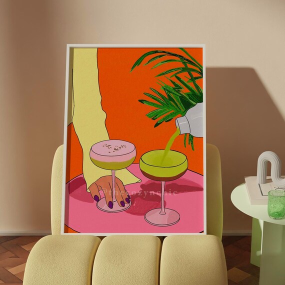 Matcha Cocktail Pour Pink Coupe Retro Bar Cart Decor Art Poster