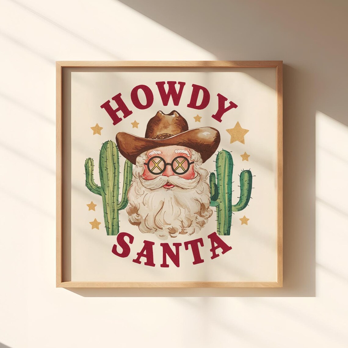 Howdy Santa Cowboy Santa With Cacti Watercolor Christmas Art Print