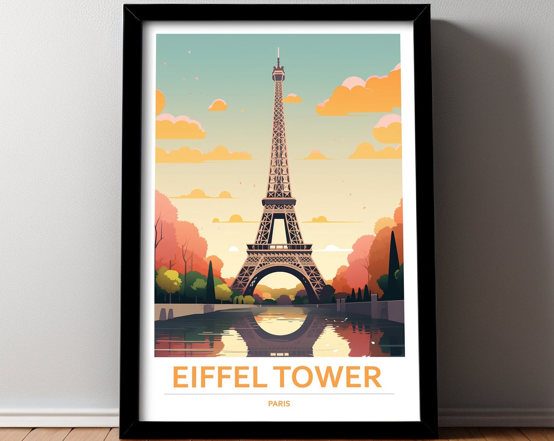 Eiffel Tower Paris Water Reflection Illustration Travel Poster