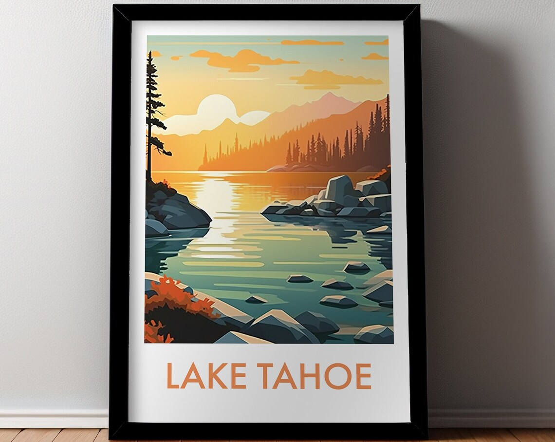 Lake Tahoe Sunset Rocks Pines Mountain Lake Vintage Travel Poster