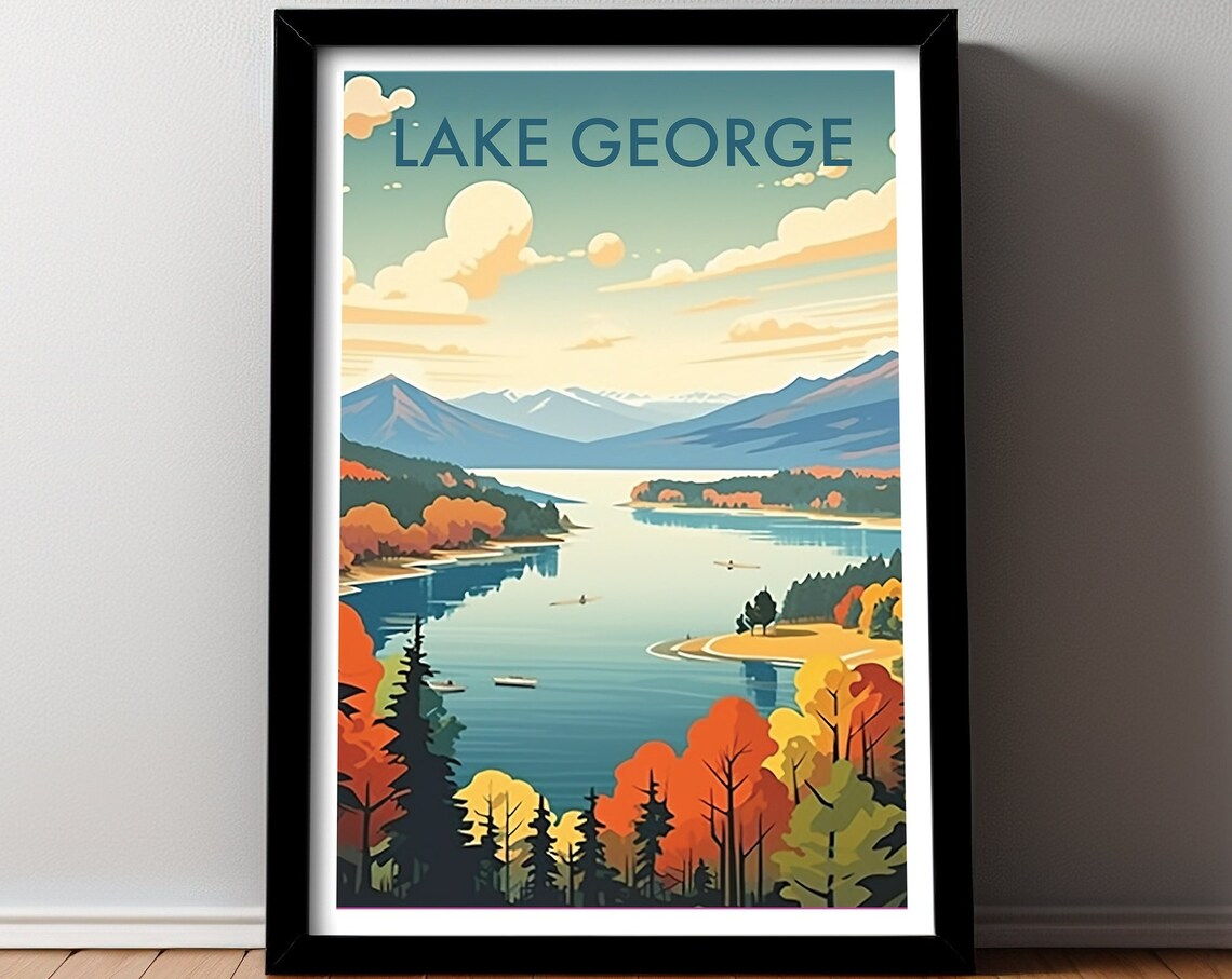 Lake George Autumn Foliage Boats Mountain Lake Travel Art Poster - Image 2