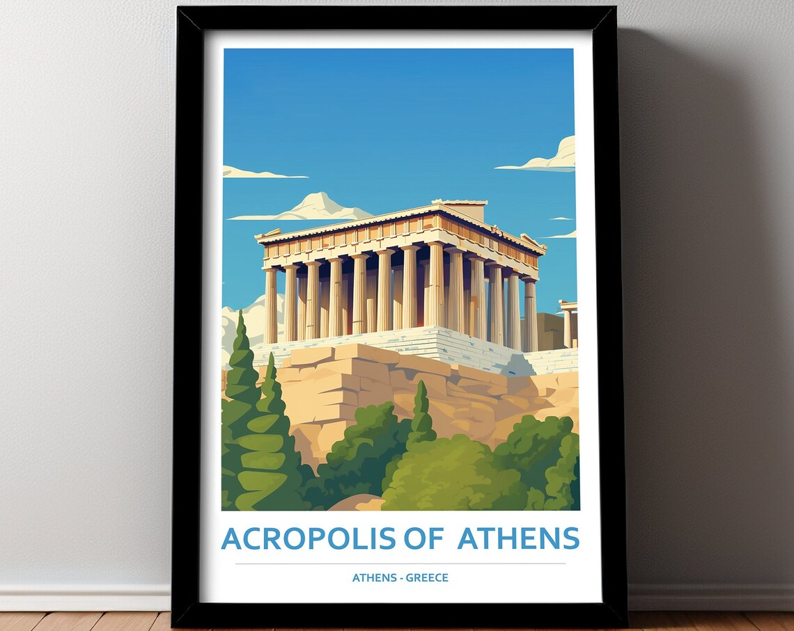 Acropolis of Athens Greece Parthenon Temple Blue Sky Art Poster