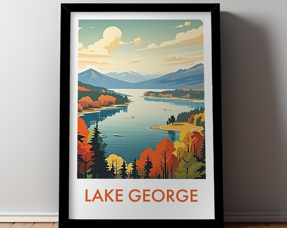 Lake George Autumn Foliage Mountain Calm Waters Travel Poster
