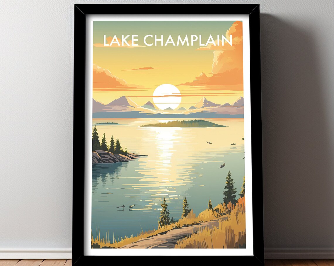 Lake Champlain Golden Sunset Pine Islands Retro Lakeside Travel Poster