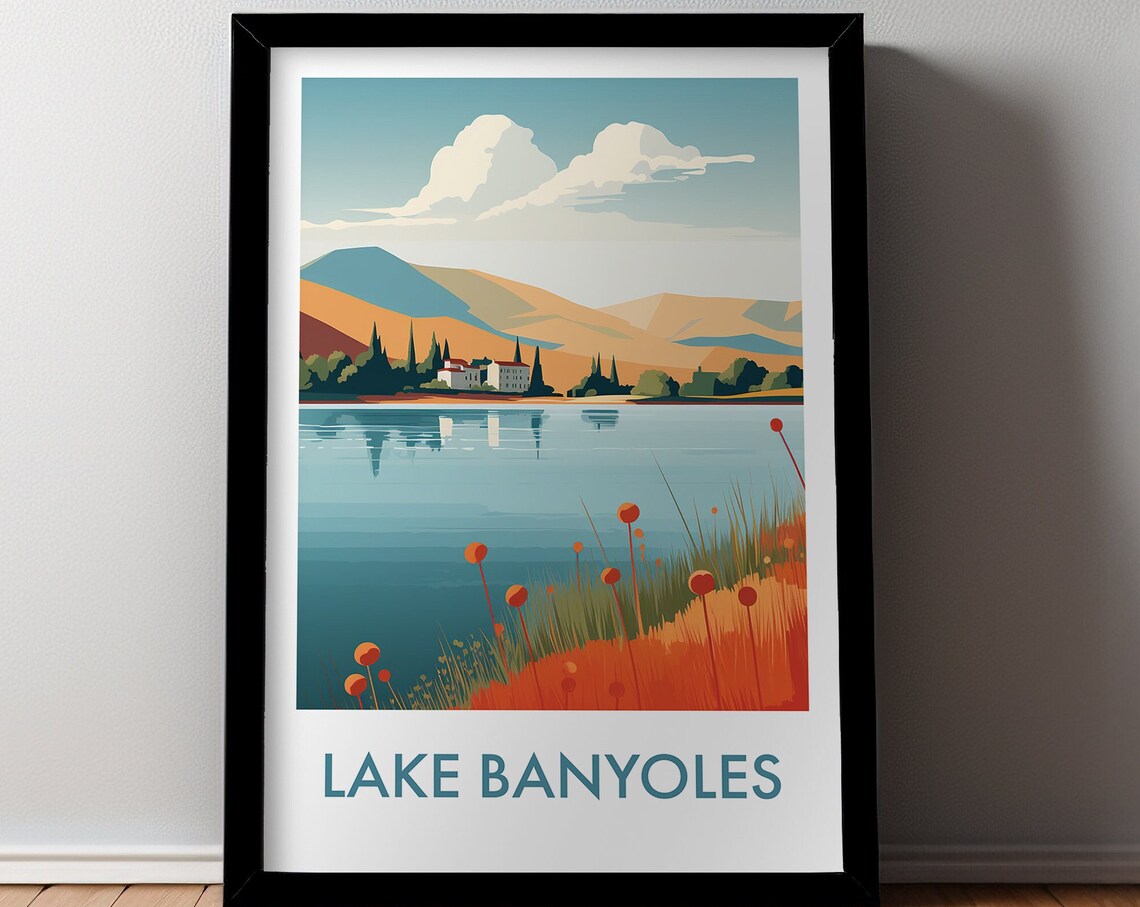 Lake Banyoles Spain Hillside Village Poppy Flowers Travel Poster