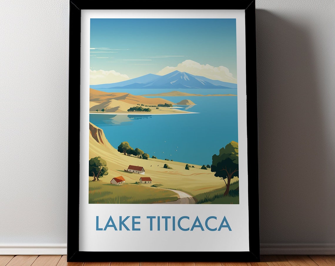 Lake Titicaca Andes Golden Shore Village Vintage Travel Poster