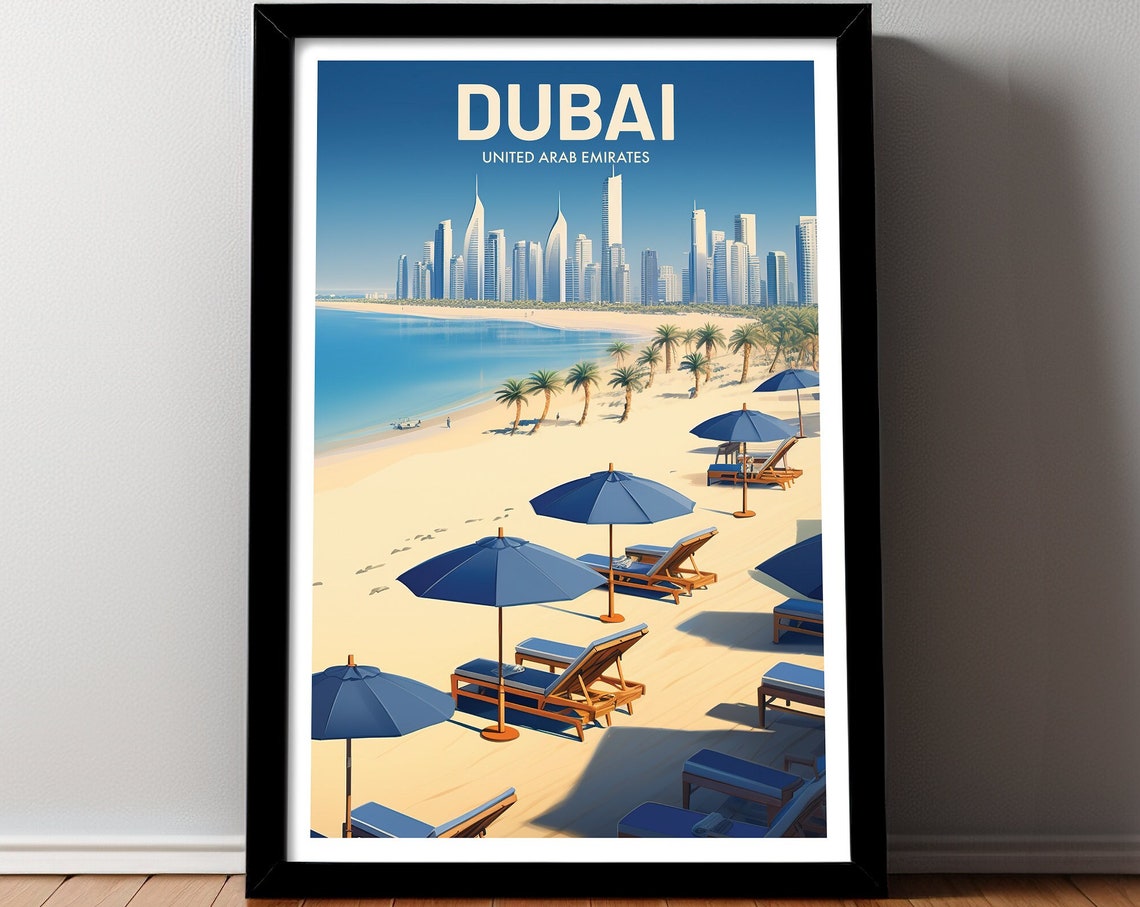 Dubai United Arab Emirates Beach Skyline Vintage Travel Artwork Poster