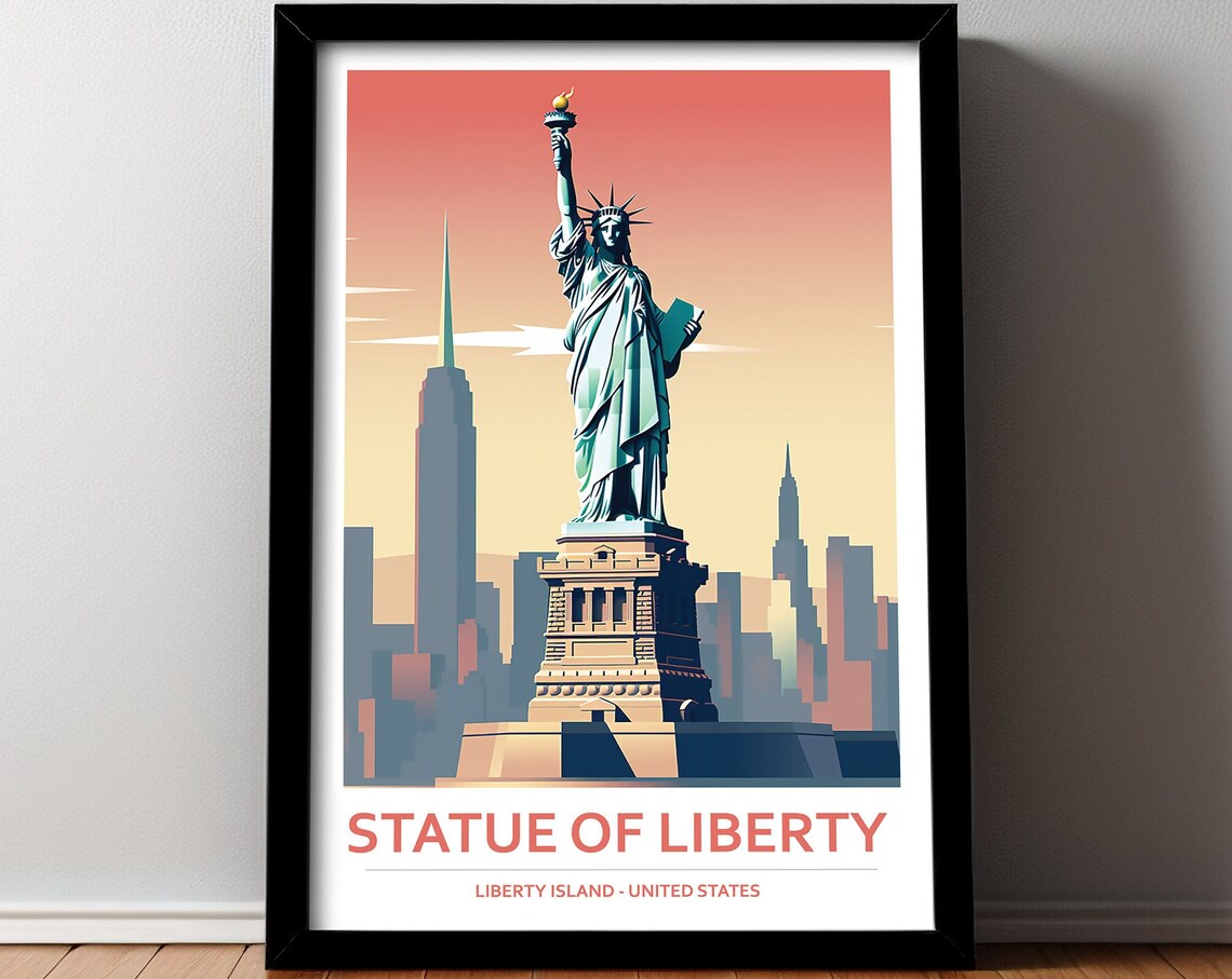 Statue of Liberty Sunset New York City Skyline Travel Poster