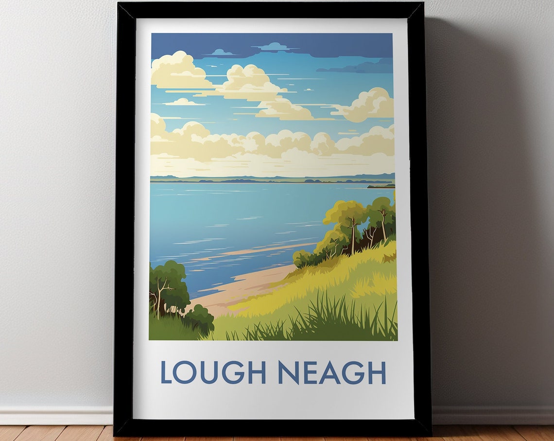 Lough Neath Green Hills Calm Lake Cloud Sky Vintage Travel Poster