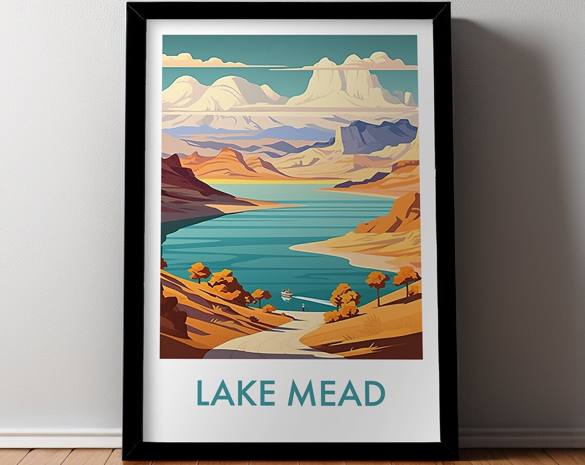 Lake Mead Desert Canyon Boat Lake Sunset Vintage Travel Art Poster