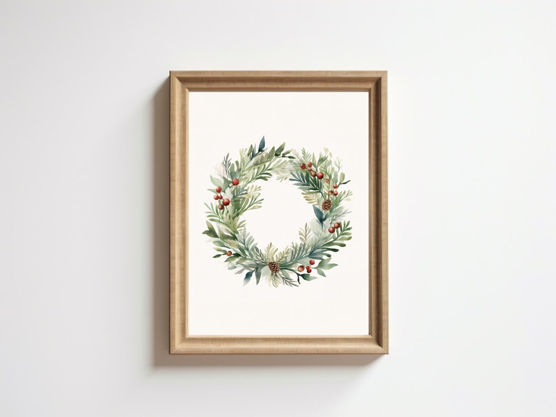 Holiday Wreath Watercolor Art Print, Christmas Decor