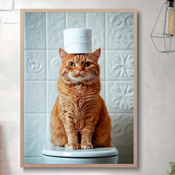 Orange Tabby Cat Sitting On Toilet With Toilet Paper Hat Funny Poster