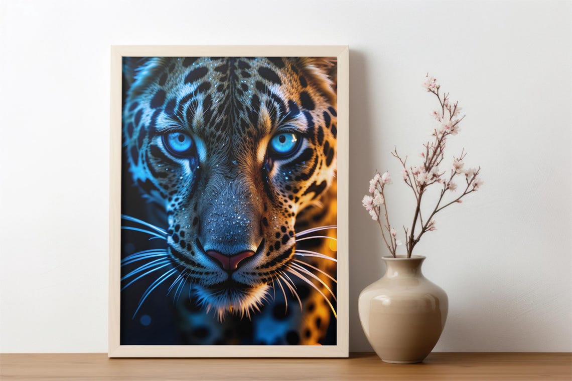 Mesmerizing Leopard Close-Up Portrait with Striking Blue Eyes Poster - Image 7
