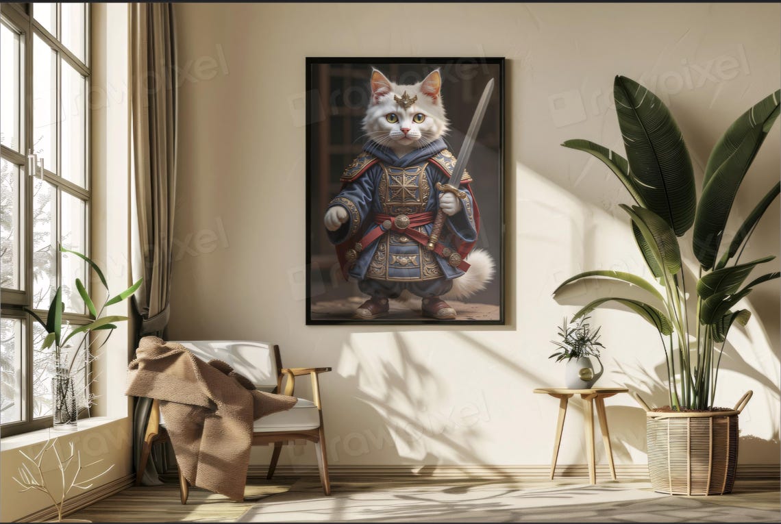 Brave White Cat Samurai Warrior in Blue Armor with Sword Poster - Image 4