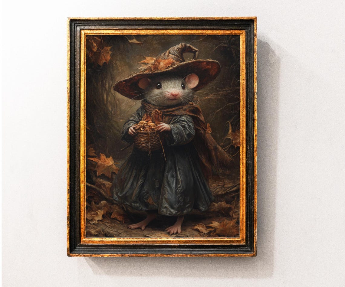 Halloween Witch Rat Vintage Wall Art Mouse Dark Academia Print Farmhouse Decor Poster Rustic Fall