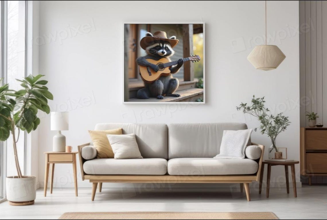 Cheerful Cowboy Raccoon Playing Guitar on a Sunny Porch Poster - Image 2