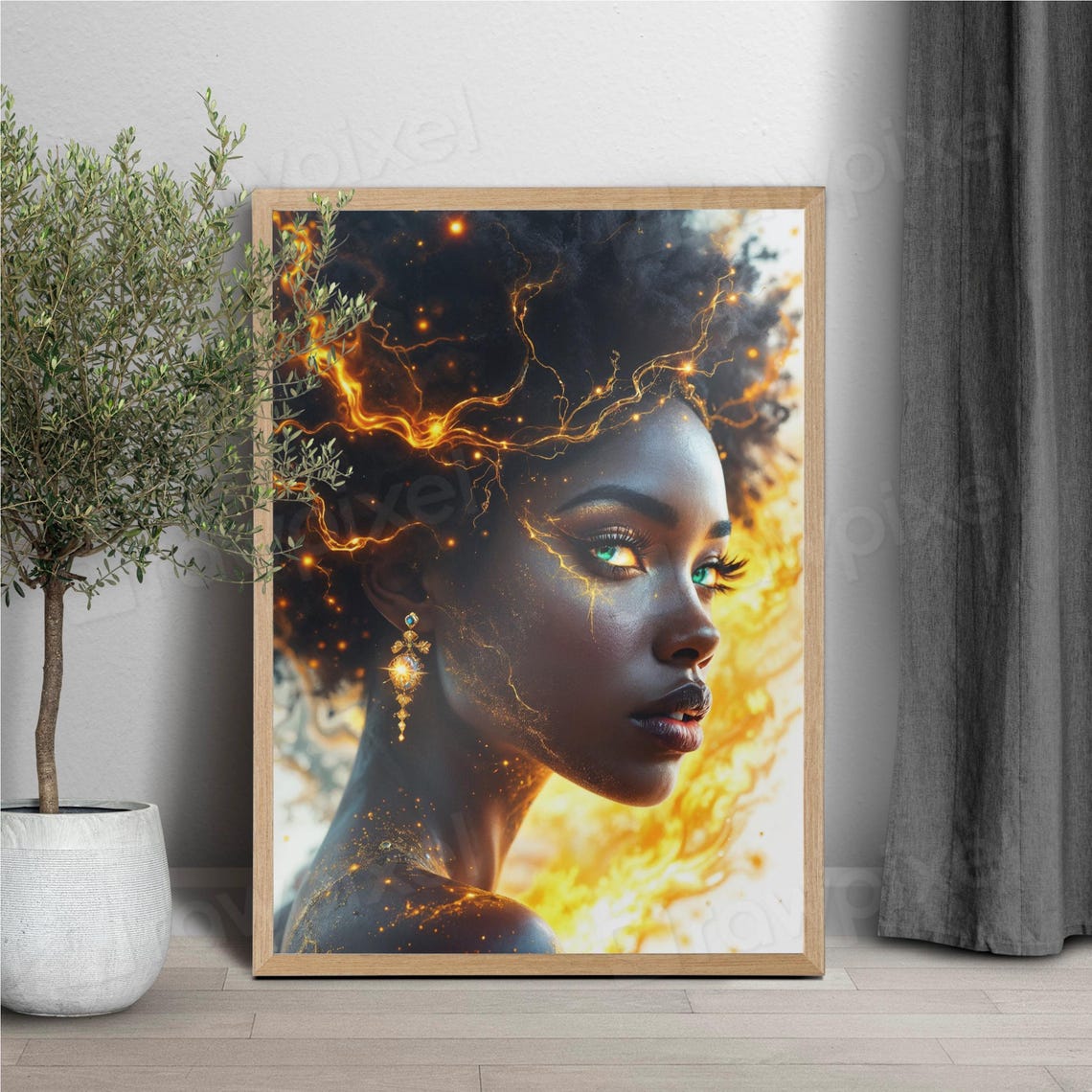 African Woman Wall Art Vibrant Green Eyes Cultural Elegance Bold Afro Beauty