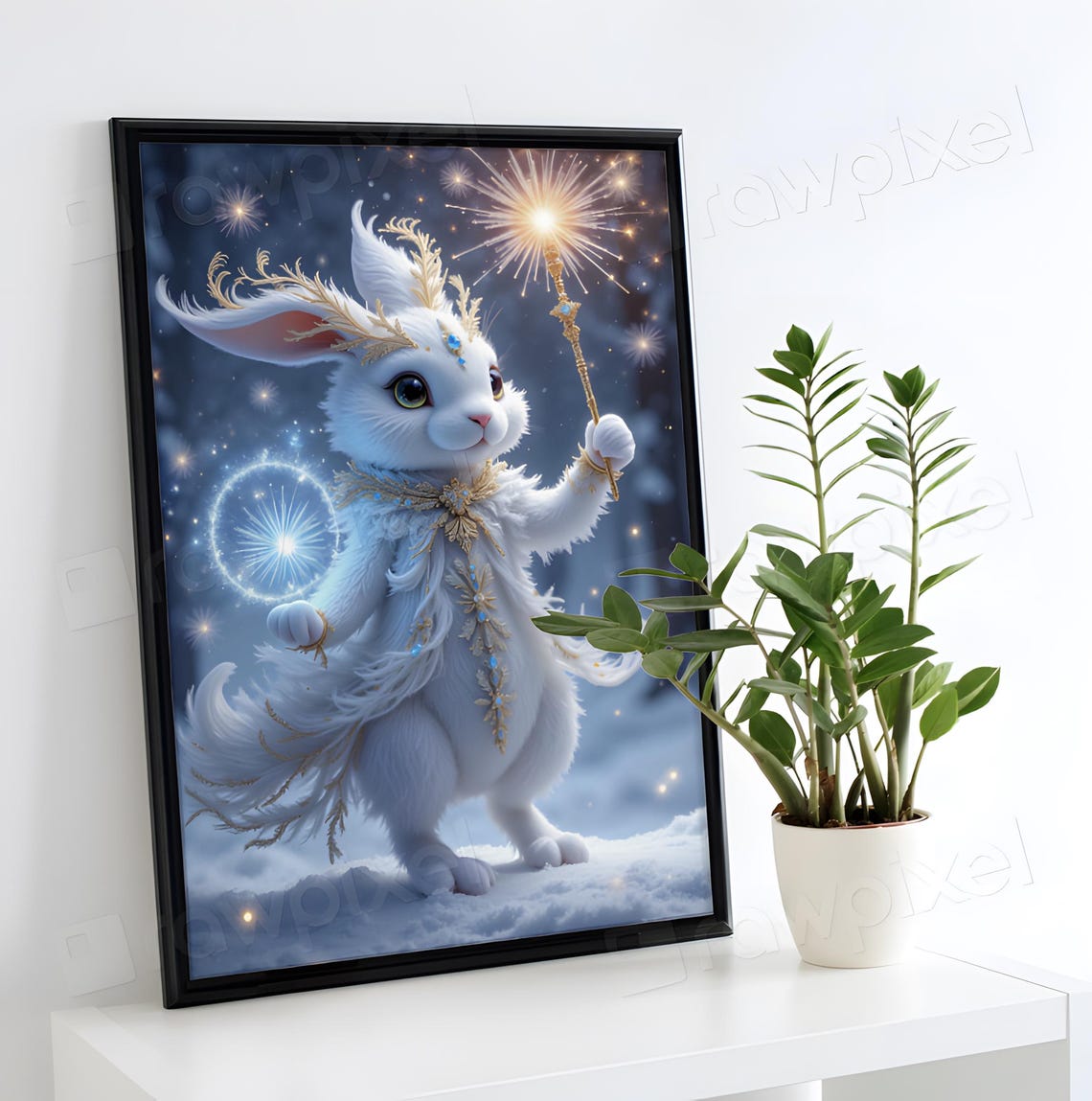 Magical White Rabbit with Sparkler in Starry Snow Night Poster - Image 4