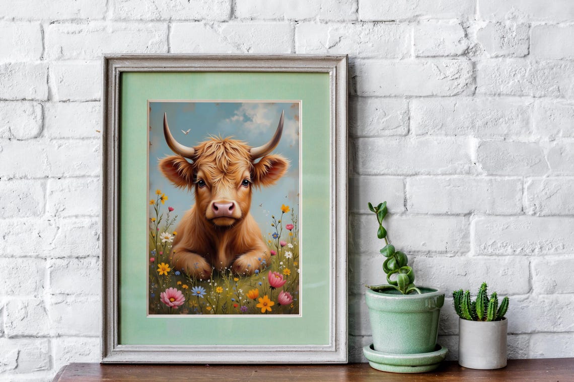 Vintage Highland Cow Wall Art Print Cow And Wildflowers Oil Painting Highland Cow Artwork Wildflowers Print Vintage Cow Home Decor Print