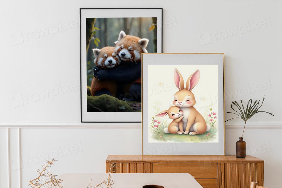 Sweet Mother and Baby Bunny Hugging in a Spring Meadow Poster - Image 3