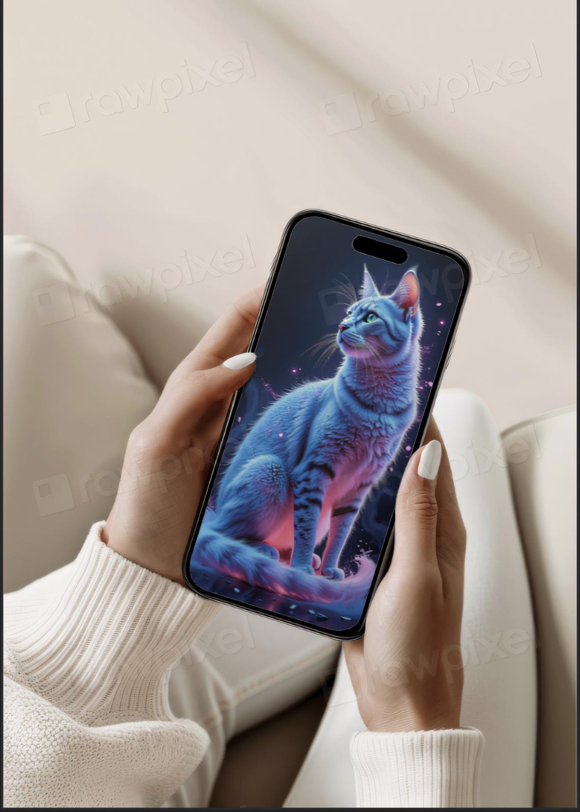 White Cat Sitting on Shimmering Water Under Neon Glow Poster - Image 5