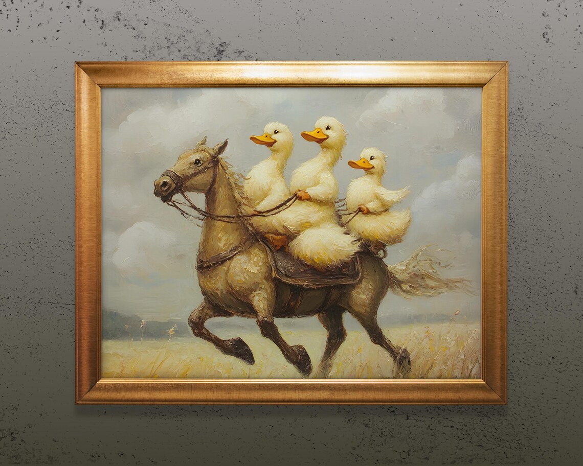 Silly Cowboy Ducks Riding Horse, Vintage Art Print