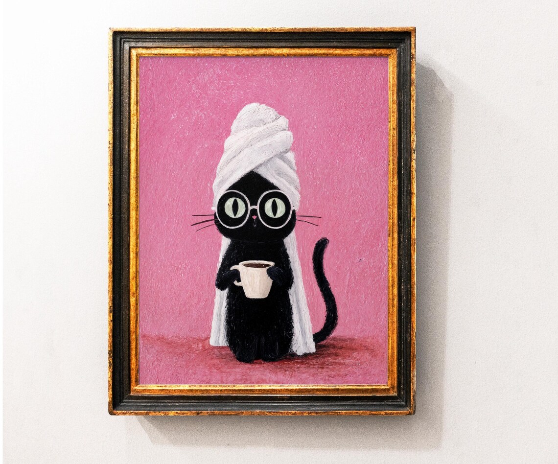 Silly Black Cat Coffee Art Print, Funny Kitchen Decor