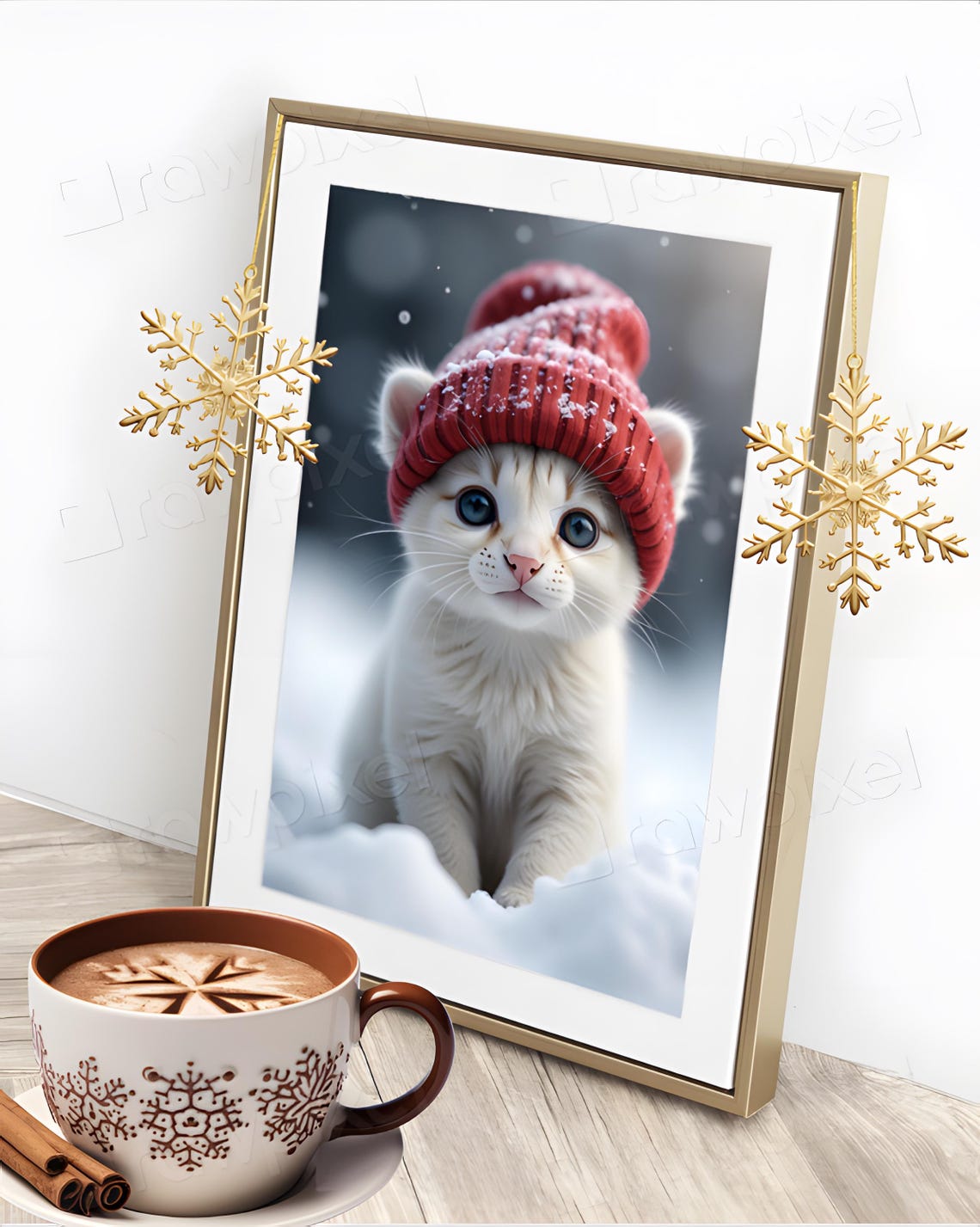Cute White Kitten in Red Knit Beanie Under Winter Snow Poster - Image 7