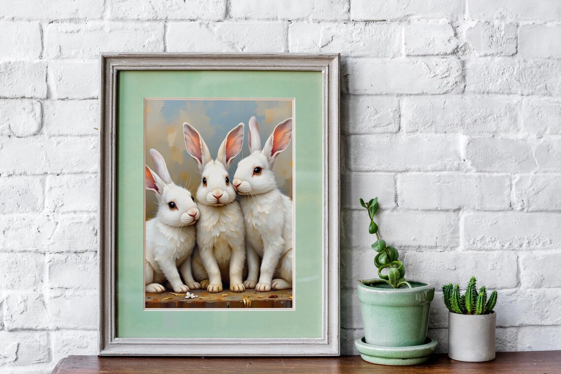 Three White Rabbits Vintage Oil Painting Style Portrait Poster - Image 3