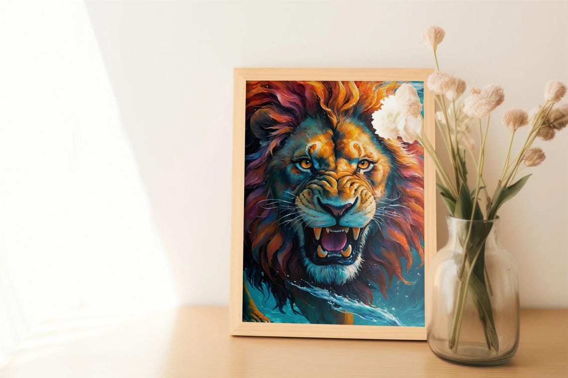 Roaring Lion with Fiery Colorful Mane Close-Up Portrait Poster - Image 5