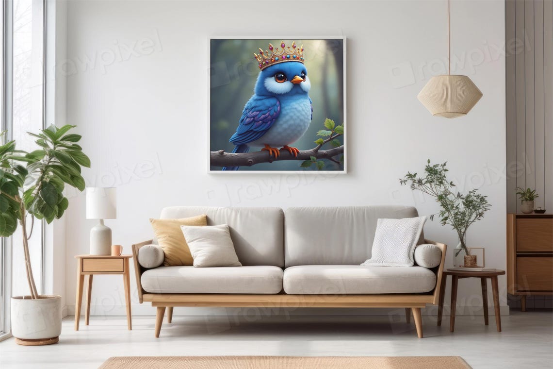 Adorable Bluebird Wearing a Jeweled Golden Crown on a Branch Poster - Image 3