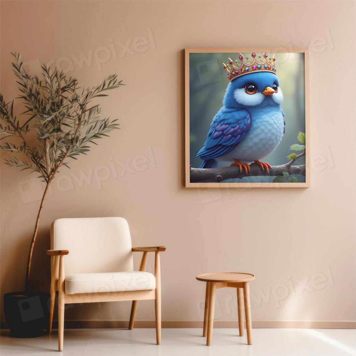 Adorable Bluebird Wearing a Jeweled Golden Crown on a Branch Poster - Image 4