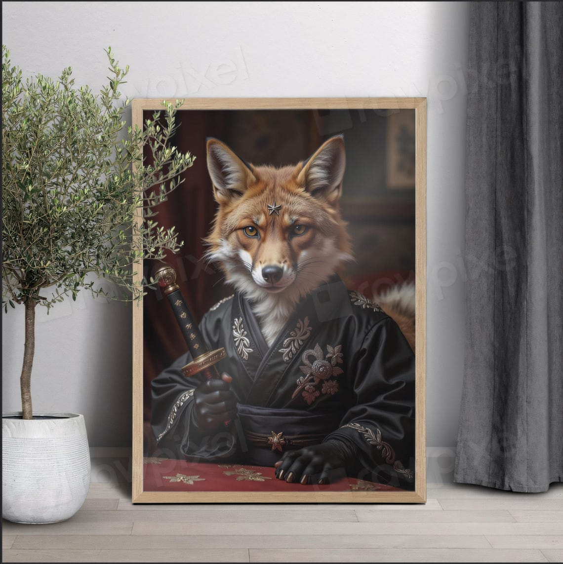 Dignified Red Fox Samurai in Black Kimono Holding Katana Poster - Image 6