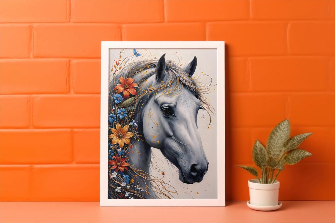 Graceful White Horse Profile with Colorful Flowers in Mane Poster - Image 6