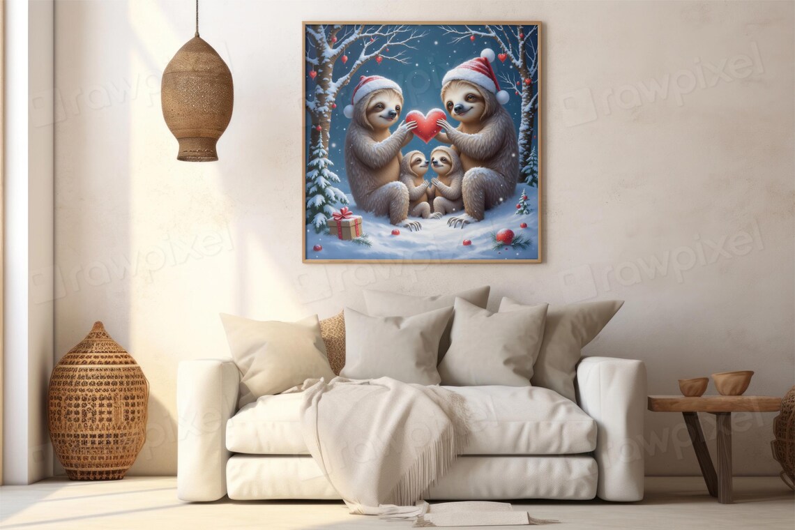 Festive Christmas Sloth Family Holding a Red Heart in Snow Poster - Image 5