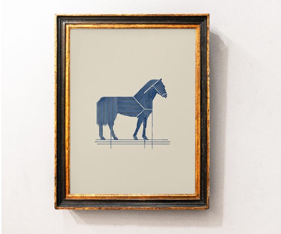 Abstract Line Art Print Horse Drawing Wall Vintage Home Minimal Blue Sketch Modern Living Room Decor