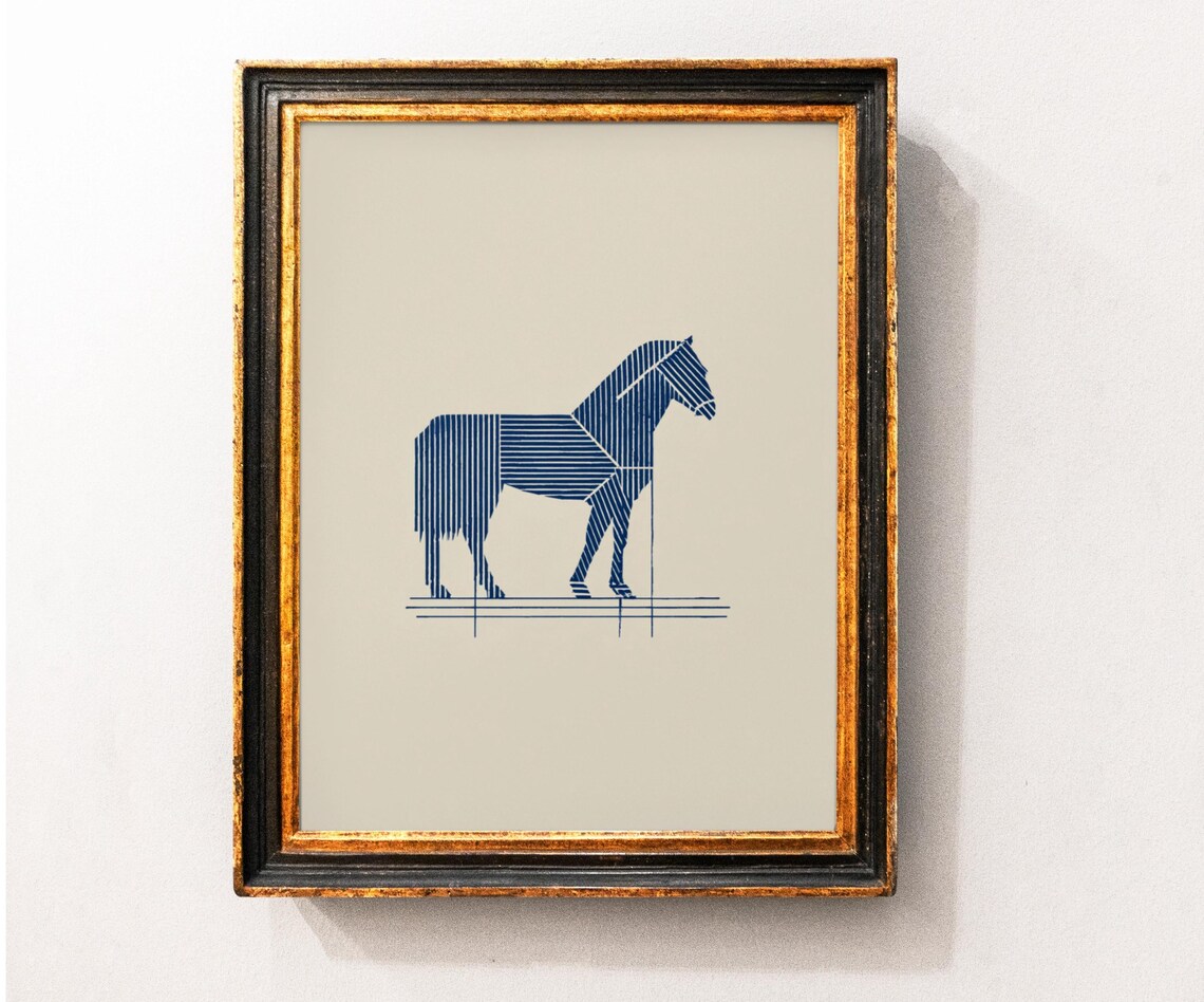 Minimalist Blue Geometric Line Art Horse Sketch Modern Decor Poster