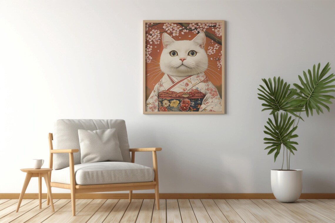 Cat In Kimono Blossoms, Spring Feline Art Print - Image 2