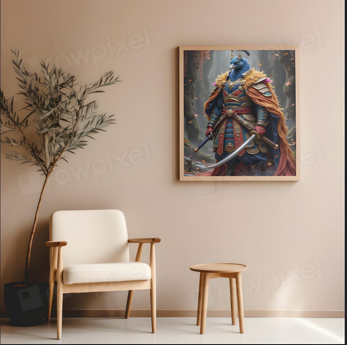 Armored Peacock Warrior with Drawn Sword in an Autumn Forest Poster - Image 3
