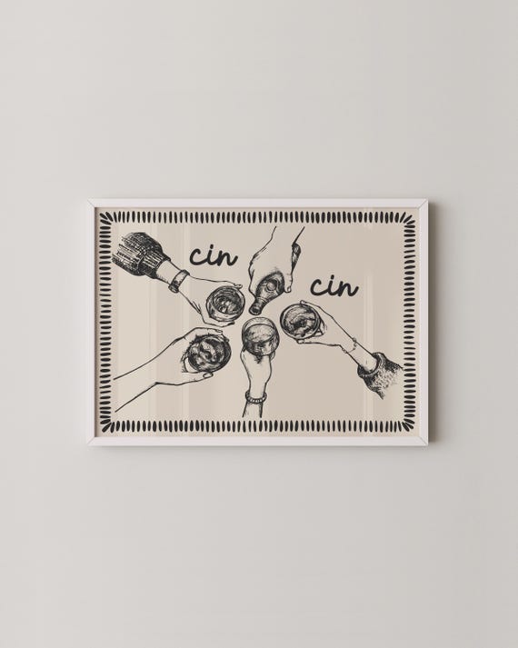 Cin Wall Art Neutral Bar Cart Decor Cheers Print Line Drinks Illustration Prints2paper