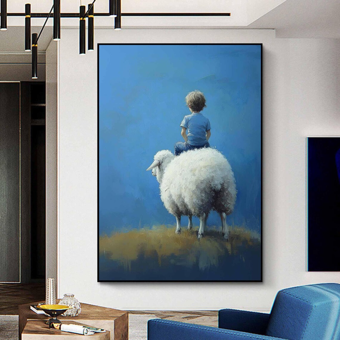 Child Riding Fluffy Sheep Blue Surreal Whimsical Animal Art Print