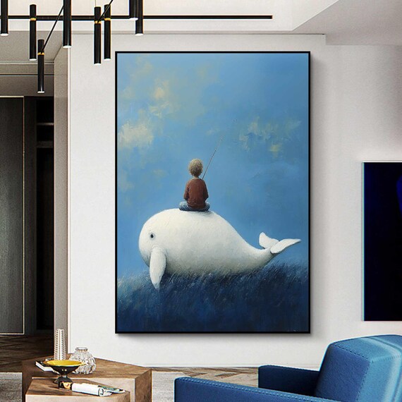 Pure Blue White Whale Painting Emerald Blue Wall Art Abstract Art Painting Minimalist Wall Art Surrealism Decor Dark Blue Wall Art