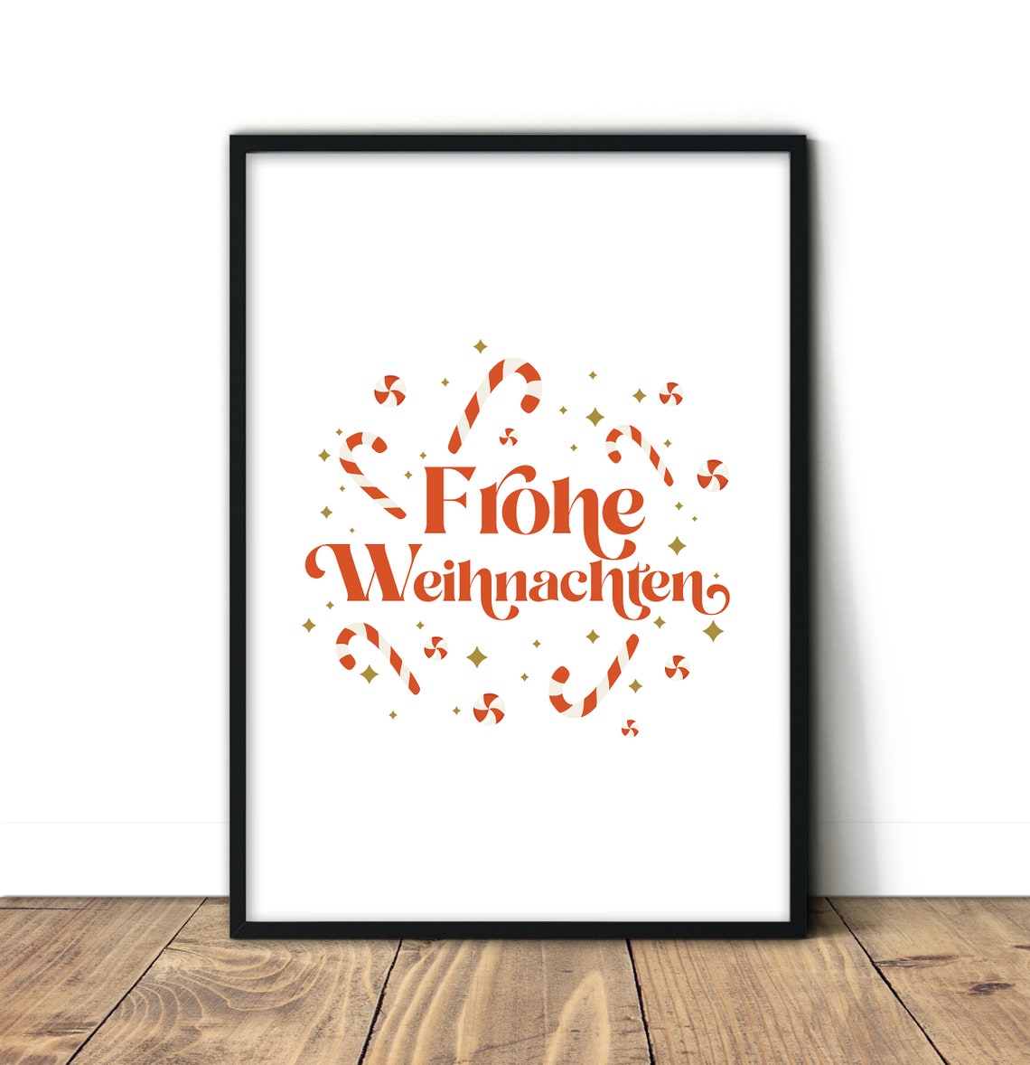 Frohe Weihnachten Red Candy Cane German Christmas Decor Wall Art